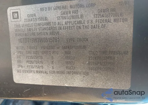 1998 GMC Sonoma Sls Sportside z USA, uszkodzony, nr VIN 1GTDT19W2W8515761